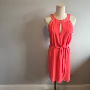 RW&CO. Women's Keyhole Halter Neck Belted Coral Pink Dress, SZ M